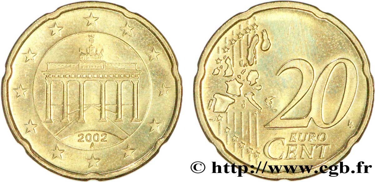 GERMANY 20 Cent PORTE DE BRANDEBOURG - Berlin A 2002 MS63