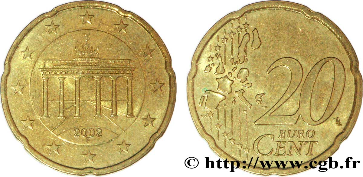 GERMANY 20 Cent PORTE DE BRANDEBOURG - Stuttgart F 2002 AU58