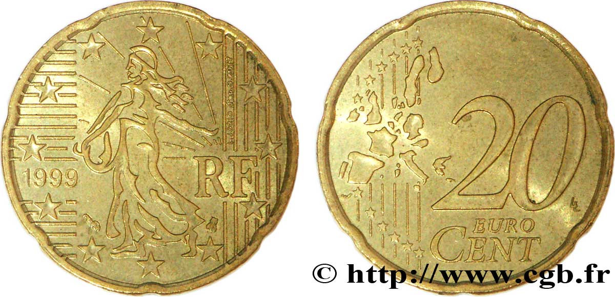 FRANCE 20 Cent NOUVELLE SEMEUSE (type A) 1999 AU58