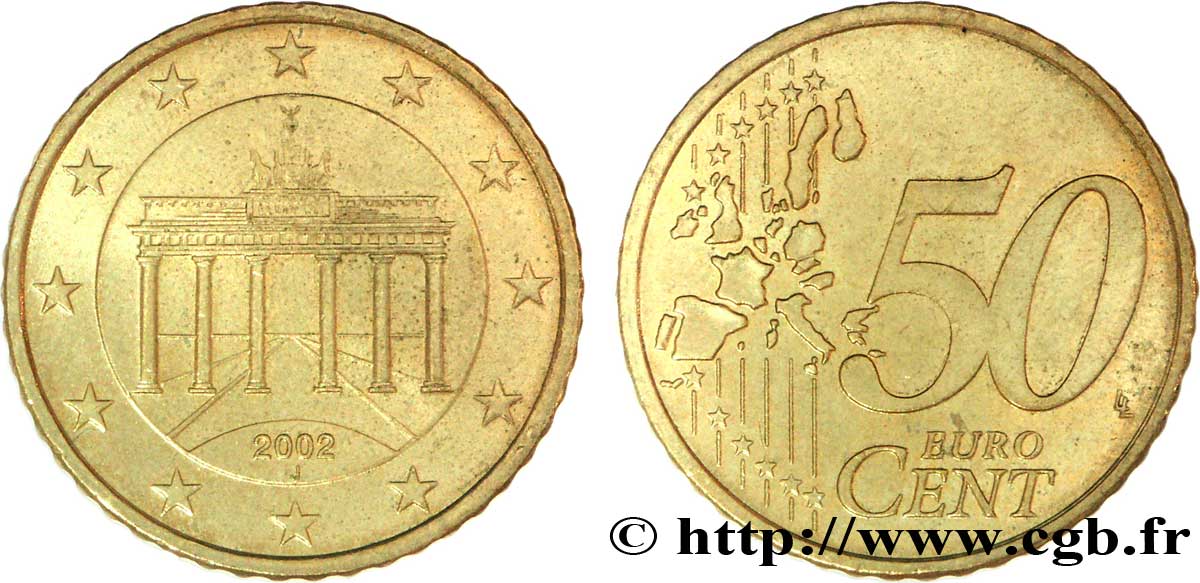GERMANY 50 Cent PORTE DE BRANDEBOURG - Hambourg J 2002 AU58