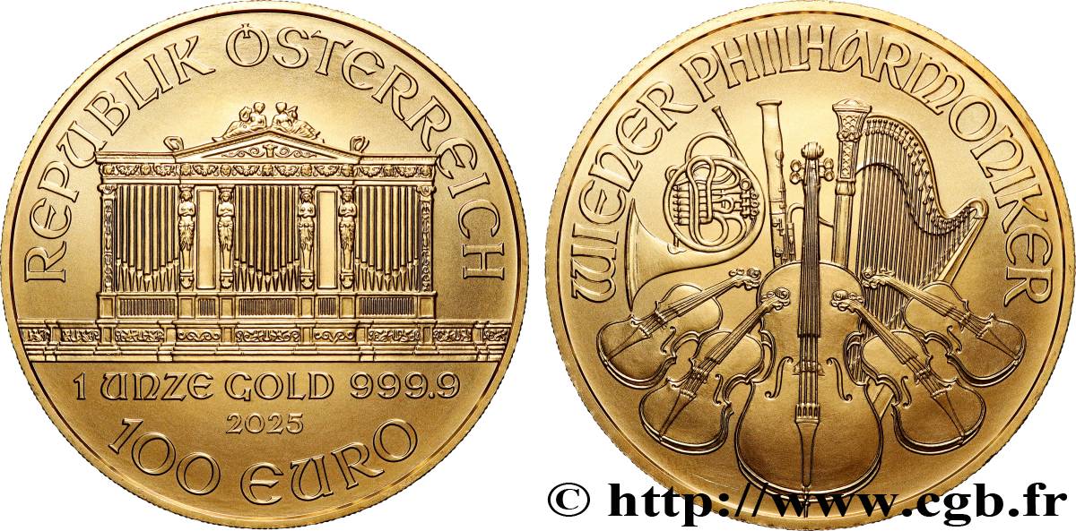 GOLD, PALLADIUM & PLATINUM INVESTMENT 1 Oz - 100 Euro LE PHILARMONIQUE DE VIENNE 2025 MS