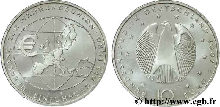 GERMANY 10 Euro INTRODUCTION DE L EURO tranche A 2002 MS63