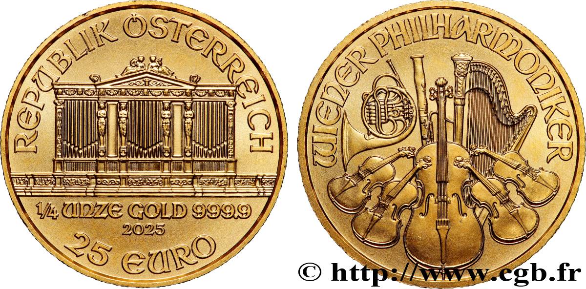 ORO, PALADIO Y PLATINO INVERSIÓN 1/4 Oz - 25 Euro LE PHILARMONIQUE DE VIENNE 2025 FDC