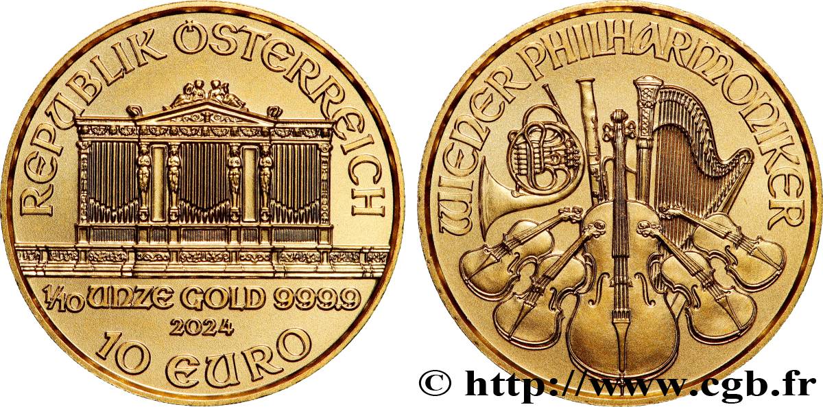 GOLD, PALLADIUM & PLATINUM INVESTMENT 1/10 Oz - 10 Euro LE PHILARMONIQUE DE VIENNE 2024 MS