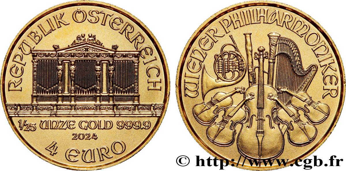 GOLD, PALLADIUM & PLATINUM INVESTMENT 1/25 Oz - 4 Euro LE PHILARMONIQUE DE VIENNE 2022 MS