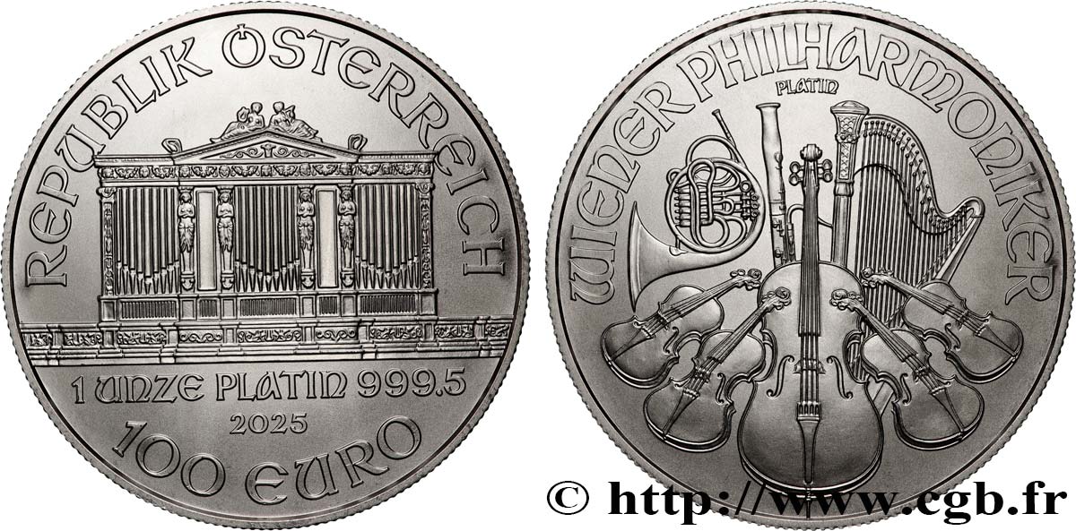 OR, PALLADIUM ET PLATINE INVESTISSEMENT 1 Oz - 100 Euro platine LE PHILARMONIQUE DE VIENNE 2025 FDC