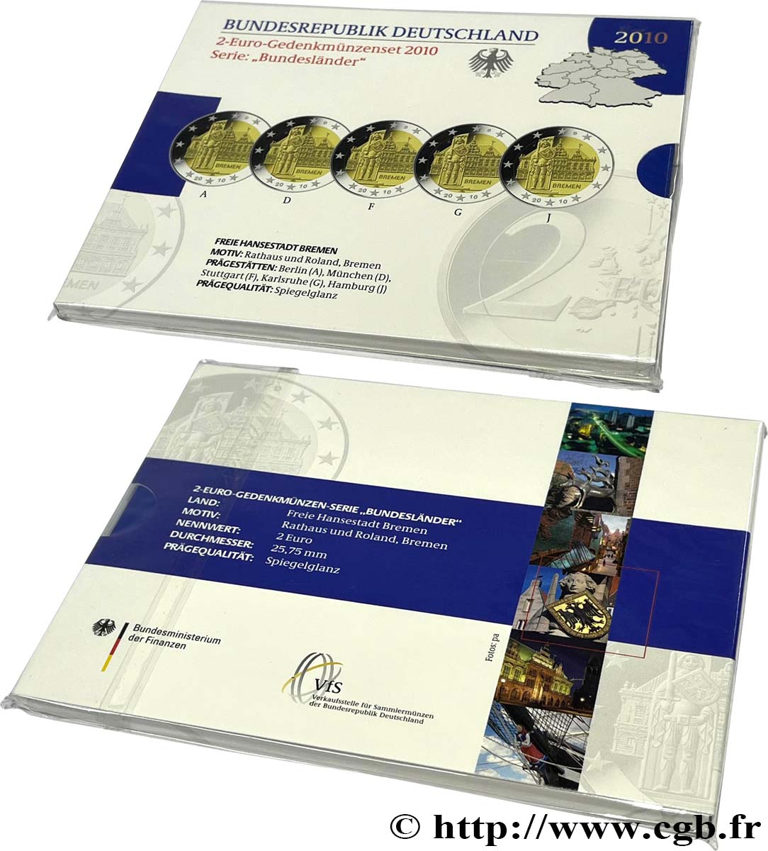 GERMANY Coffret Belle Épreuve 5 ateliers 2 Euro HÔTEL DE VILLE ET STATUE DE ROLAND 2010 Proof set