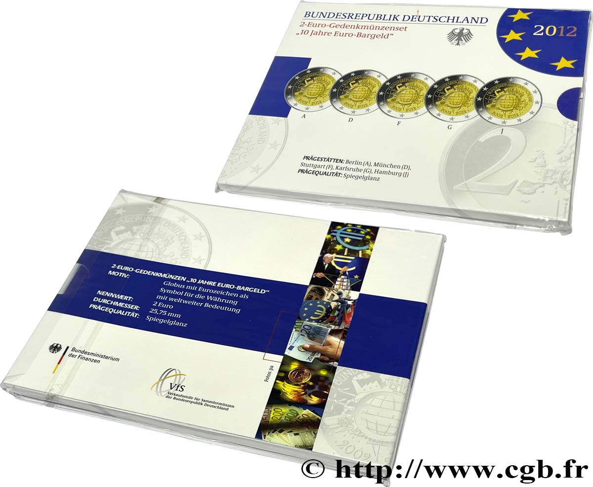 GERMANY Coffret Belle Épreuve 5 ateliers 2 Euro 10 ANS DES PIÈCES ET BILLETS EN EUROS  2012 Proof set