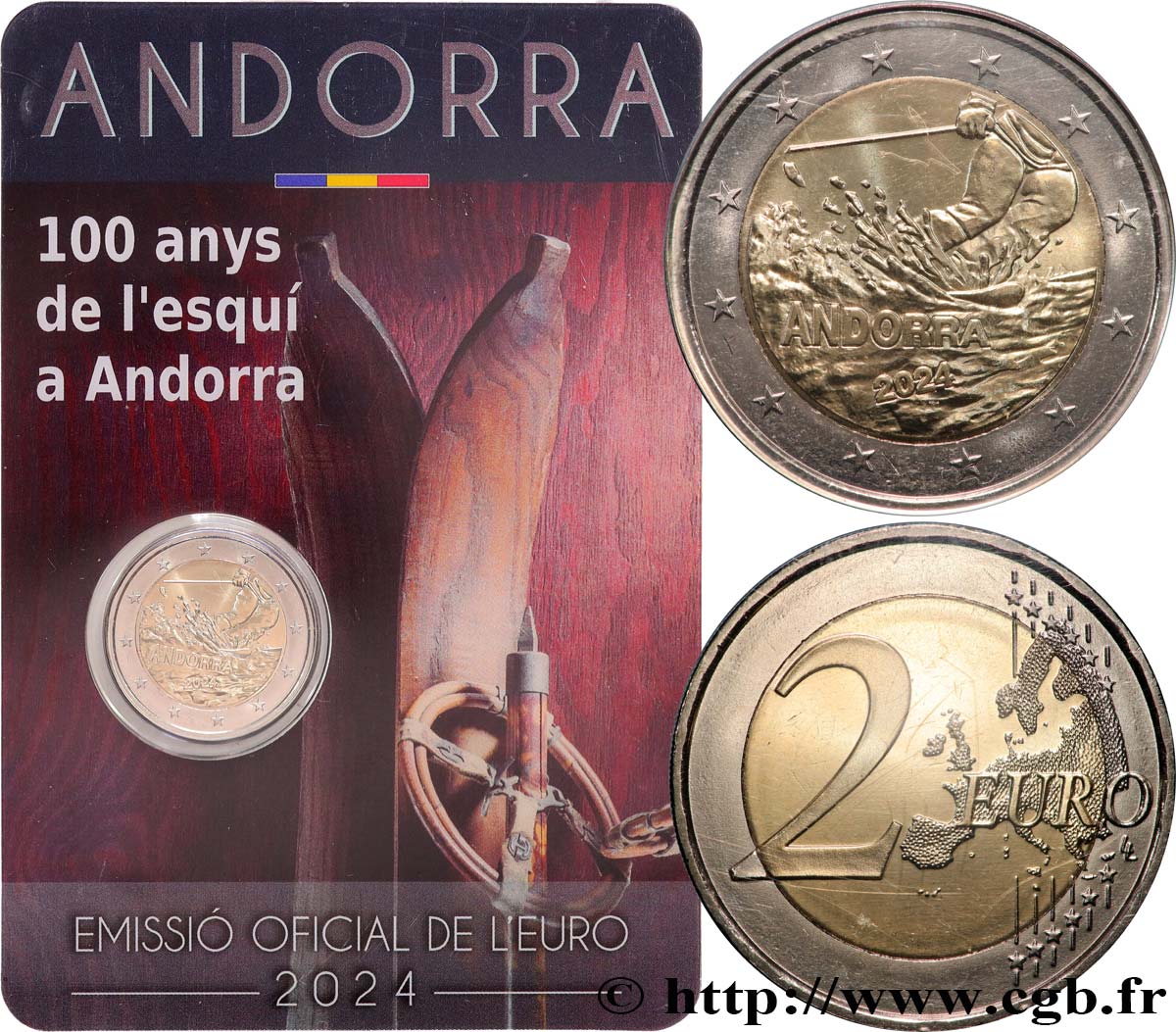 ANDORRA Coin-card 2 Euro 100 ANS DU SKI A ANDORRE 2024