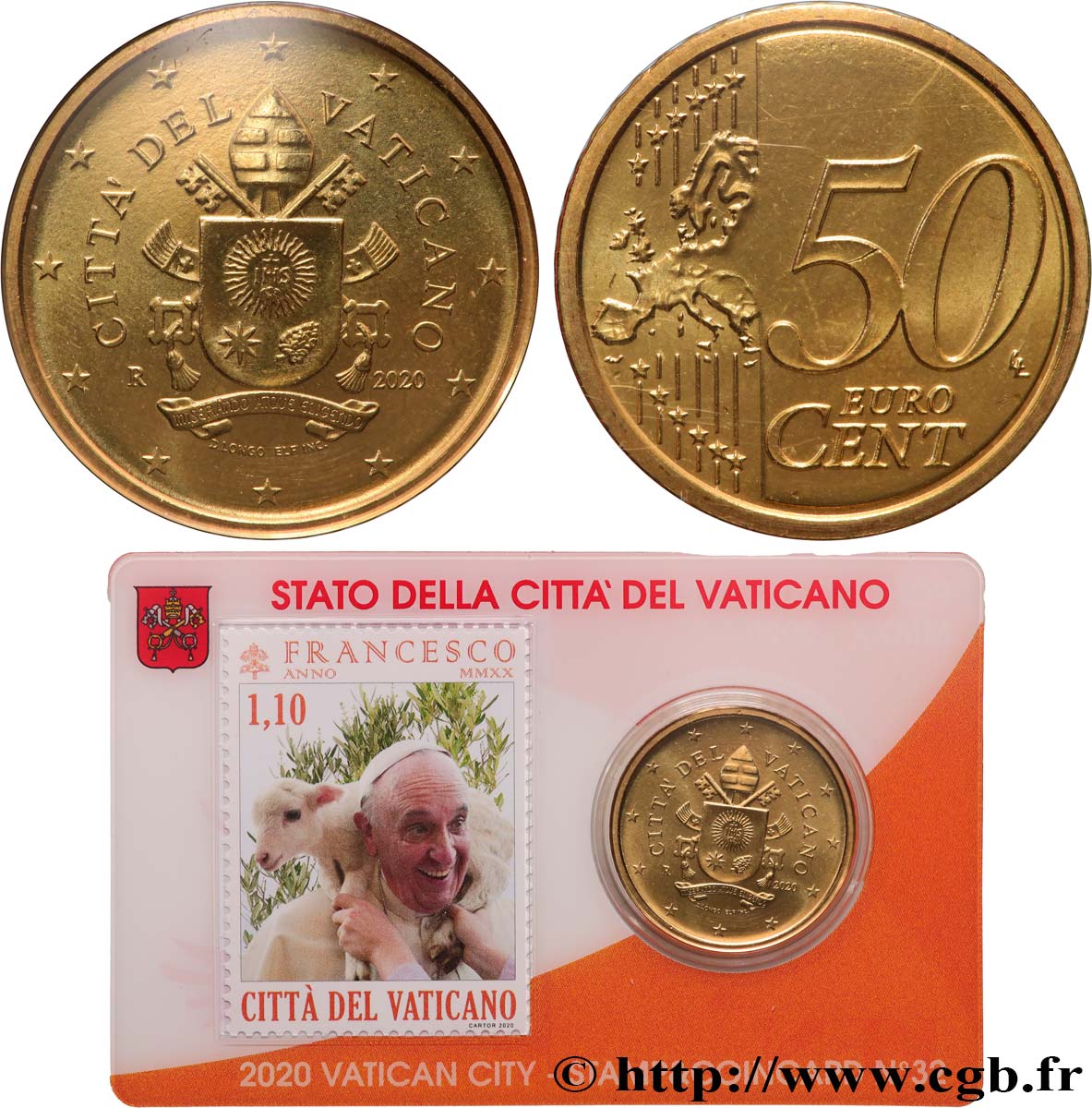 VATICAN Coin-Card (n°32) 50 Cent ARMOIRIES DU PAPE FRANÇOIS (+ timbre)
 2020 Brilliant Uncirculated