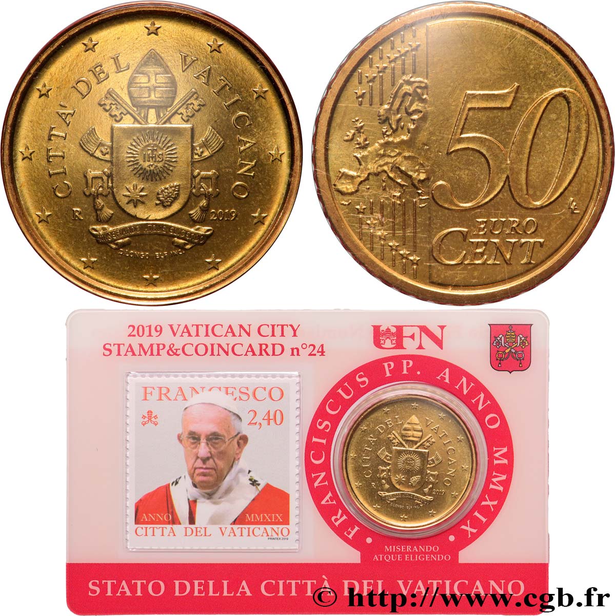 VATICAN Coin-Card (n°24) 50 Cent ARMOIRIES DU PAPE FRANÇOIS (+ timbre)
 2019 BU
