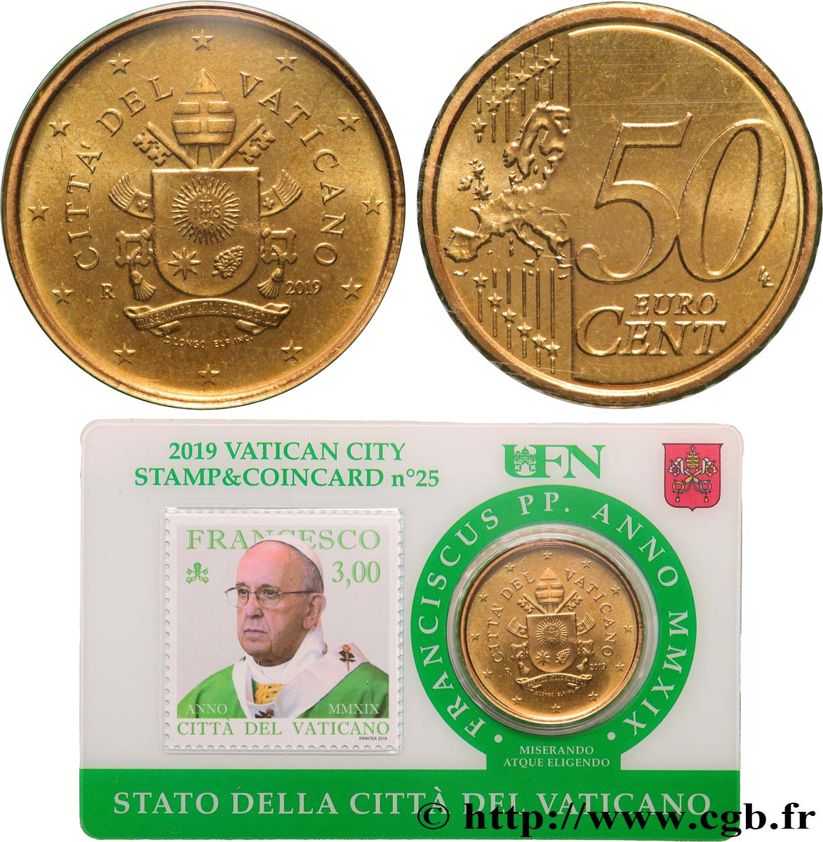 VATICAN Coin-Card (n°25) 50 Cent ARMOIRIES DU PAPE FRANÇOIS (+ timbre)
 2019 BU