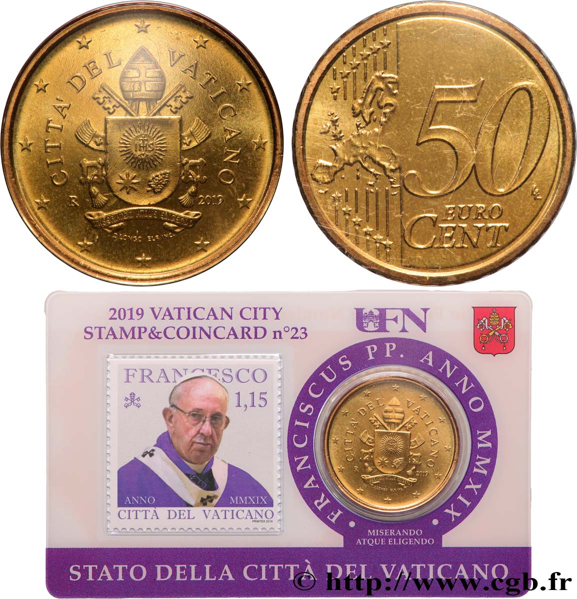 VATICAN Coin-Card (n°23) 50 Cent ARMOIRIES DU PAPE FRANÇOIS (+ timbre)
 2019 Brilliant Uncirculated