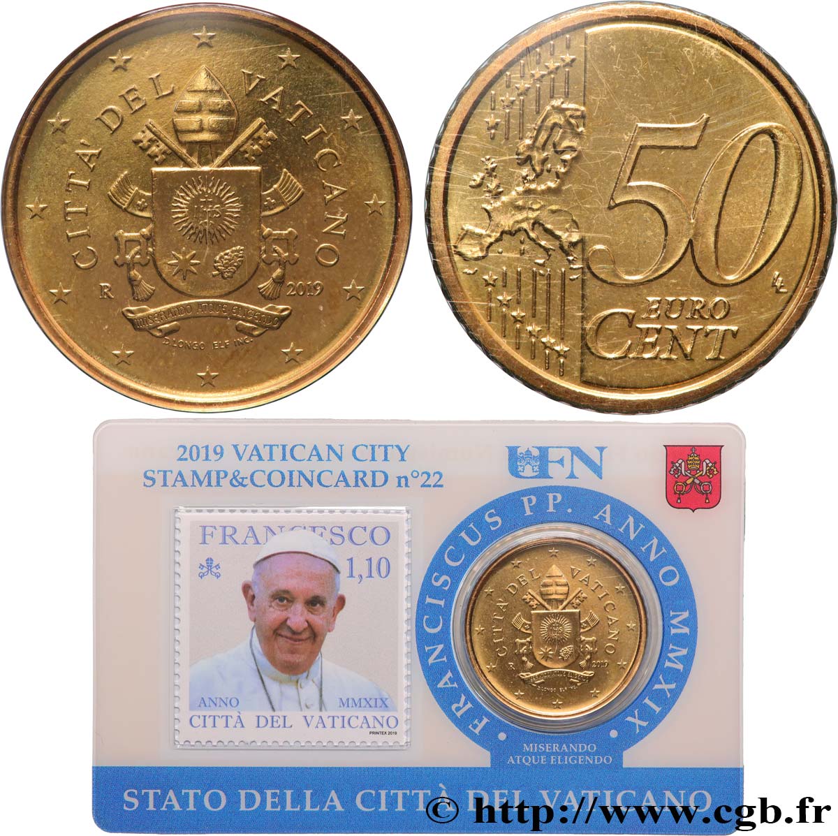 VATICAN Coin-Card (n°22) 50 Cent ARMOIRIES DU PAPE FRANÇOIS (+ timbre)
 2019 BU