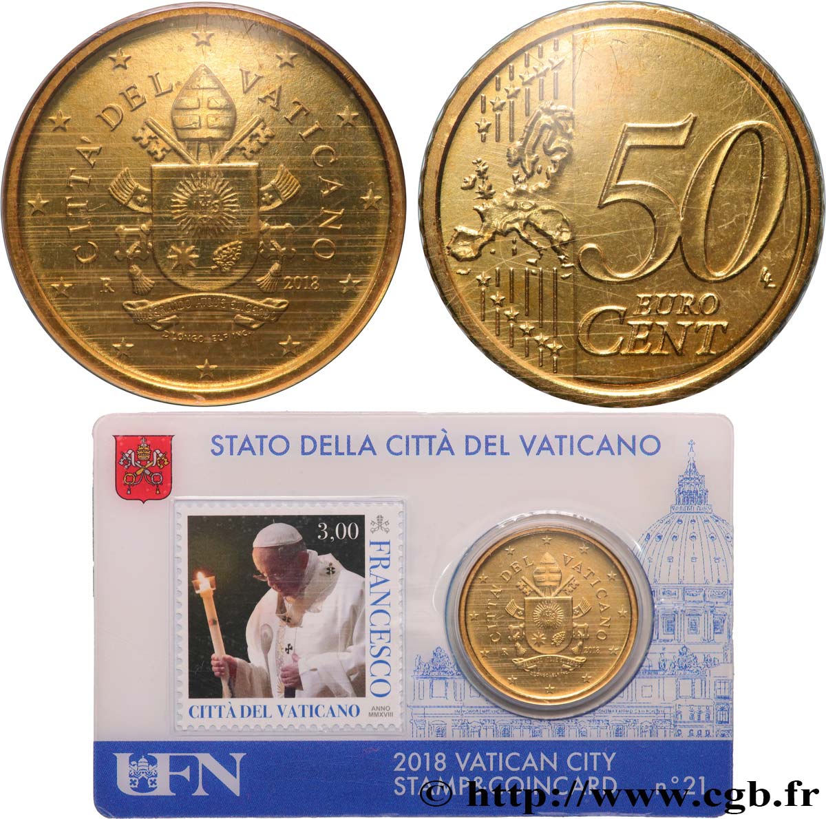 VATICAN Coin-Card (n°21) 50 Cent ARMOIRIES DU PAPE FRANÇOIS (+ timbre)
 2018 Brilliant Uncirculated