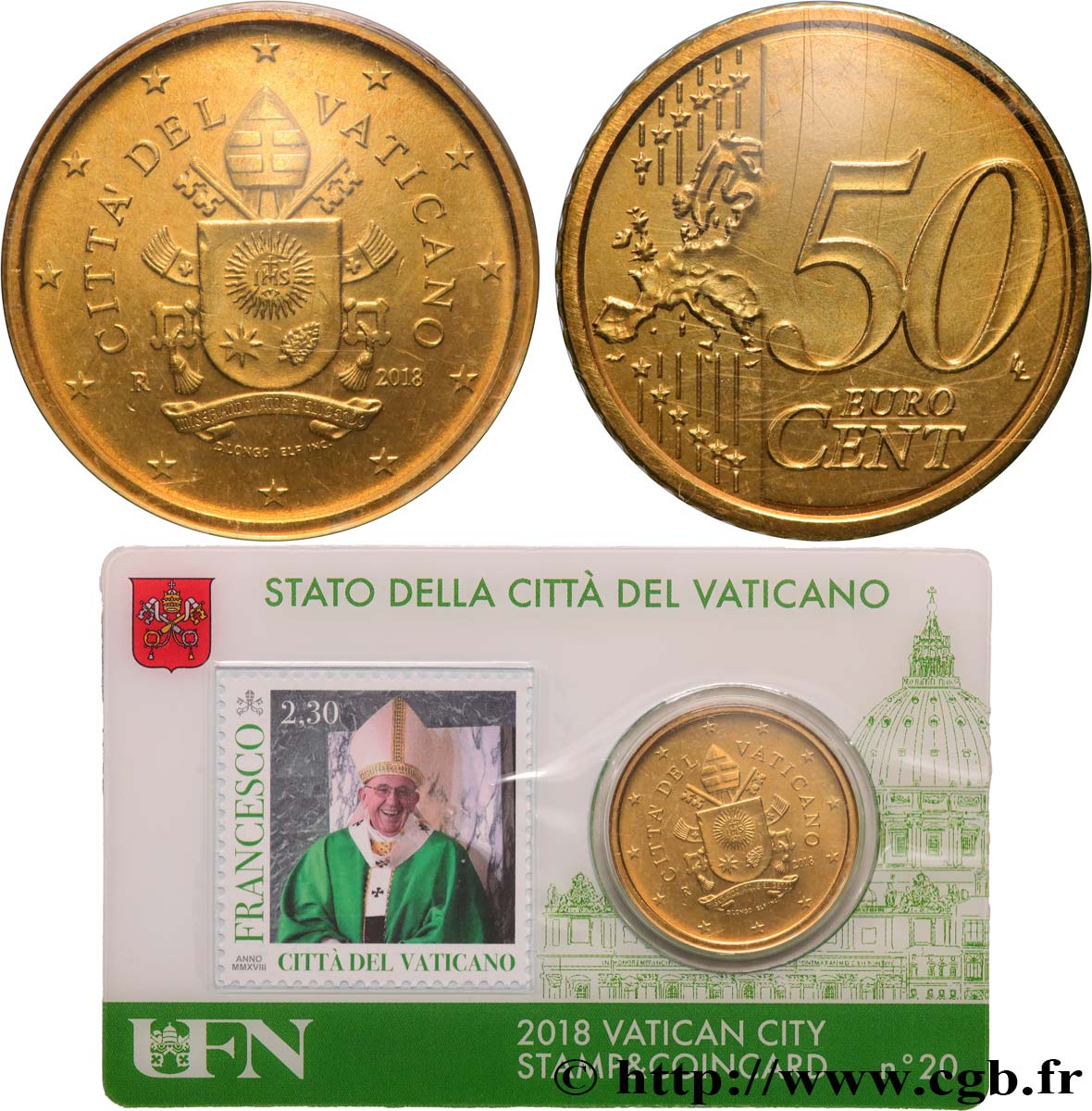VATICAN Coin-Card (n°20) 50 Cent ARMOIRIES DU PAPE FRANÇOIS (+ timbre)
 2018 Brilliant Uncirculated