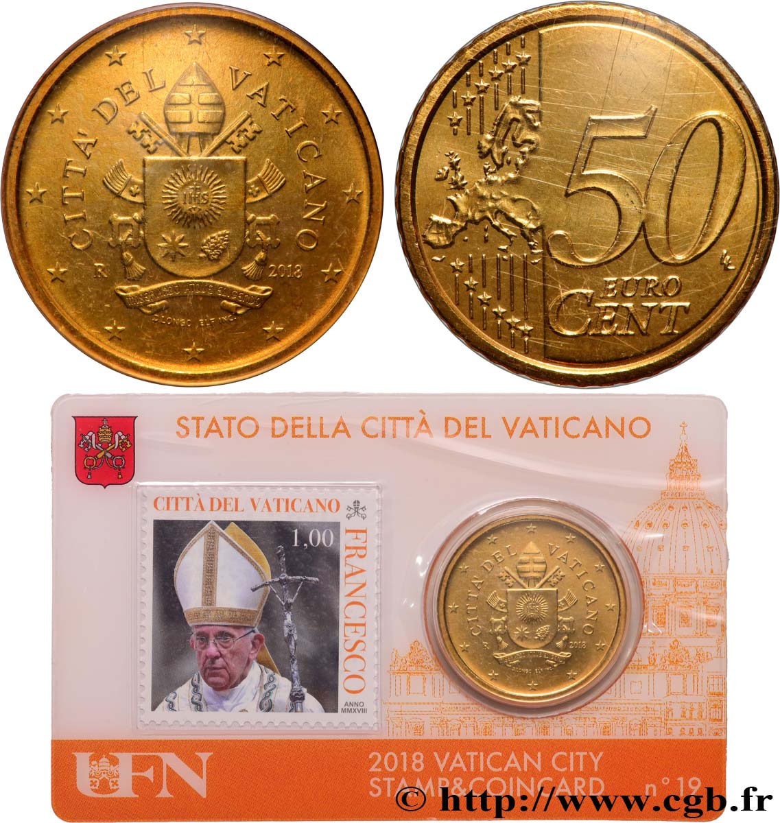 VATICAN Coin-Card (n°19) 50 Cent ARMOIRIES DU PAPE FRANÇOIS (+ timbre)
 2018 Brilliant Uncirculated