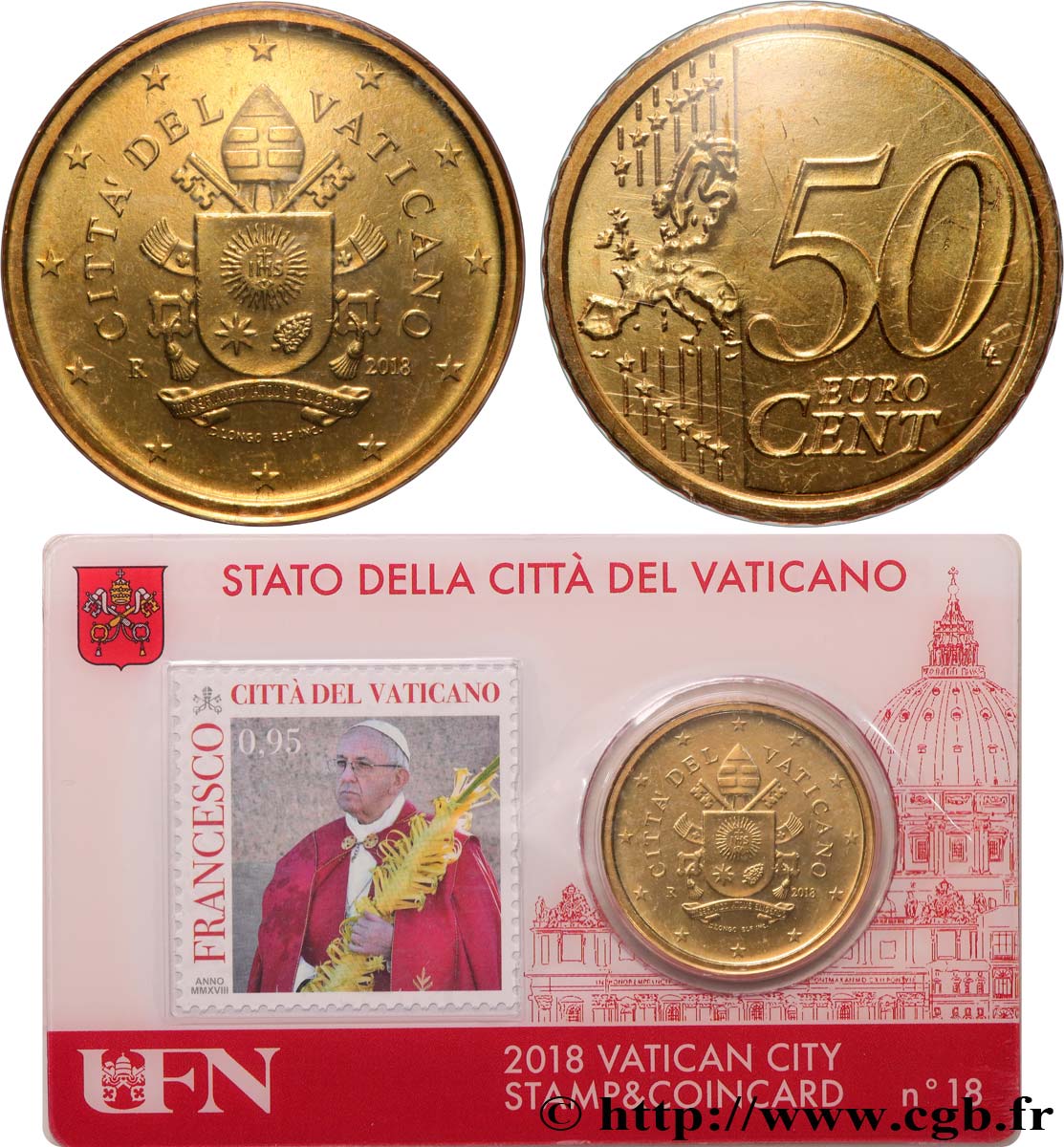 VATICAN Coin-Card (n°18) 50 Cent ARMOIRIES DU PAPE FRANÇOIS (+ timbre)
 2018 BU