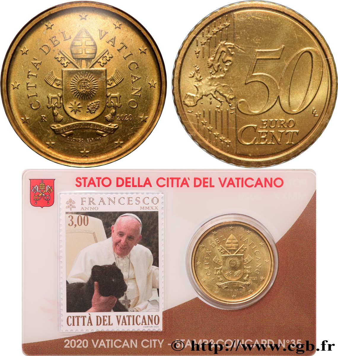 VATICAN Coin-Card (n°35) 50 Cent ARMOIRIES DU PAPE FRANÇOIS (+ timbre)
 2020 Brilliant Uncirculated