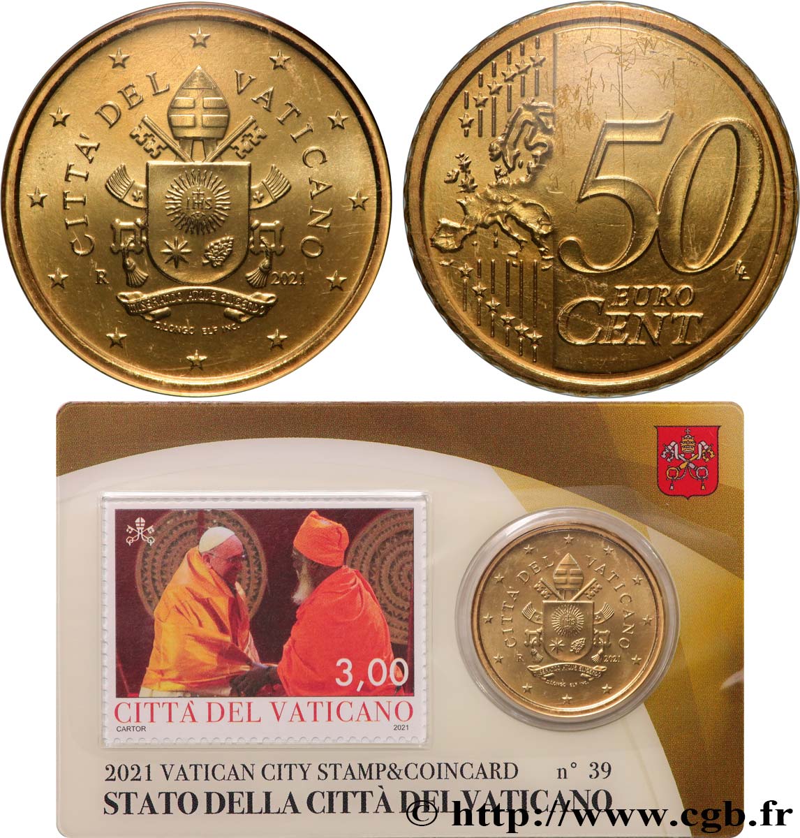 VATICAN Coin-Card (n°39) 50 Cent ARMOIRIES DU PAPE FRANÇOIS + timbre
 2021 BU