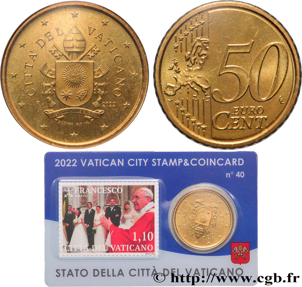 VATICAN Coin-Card (n°40) 50 Cent ARMOIRIES DU PAPE FRANÇOIS + timbre
 2022 BU