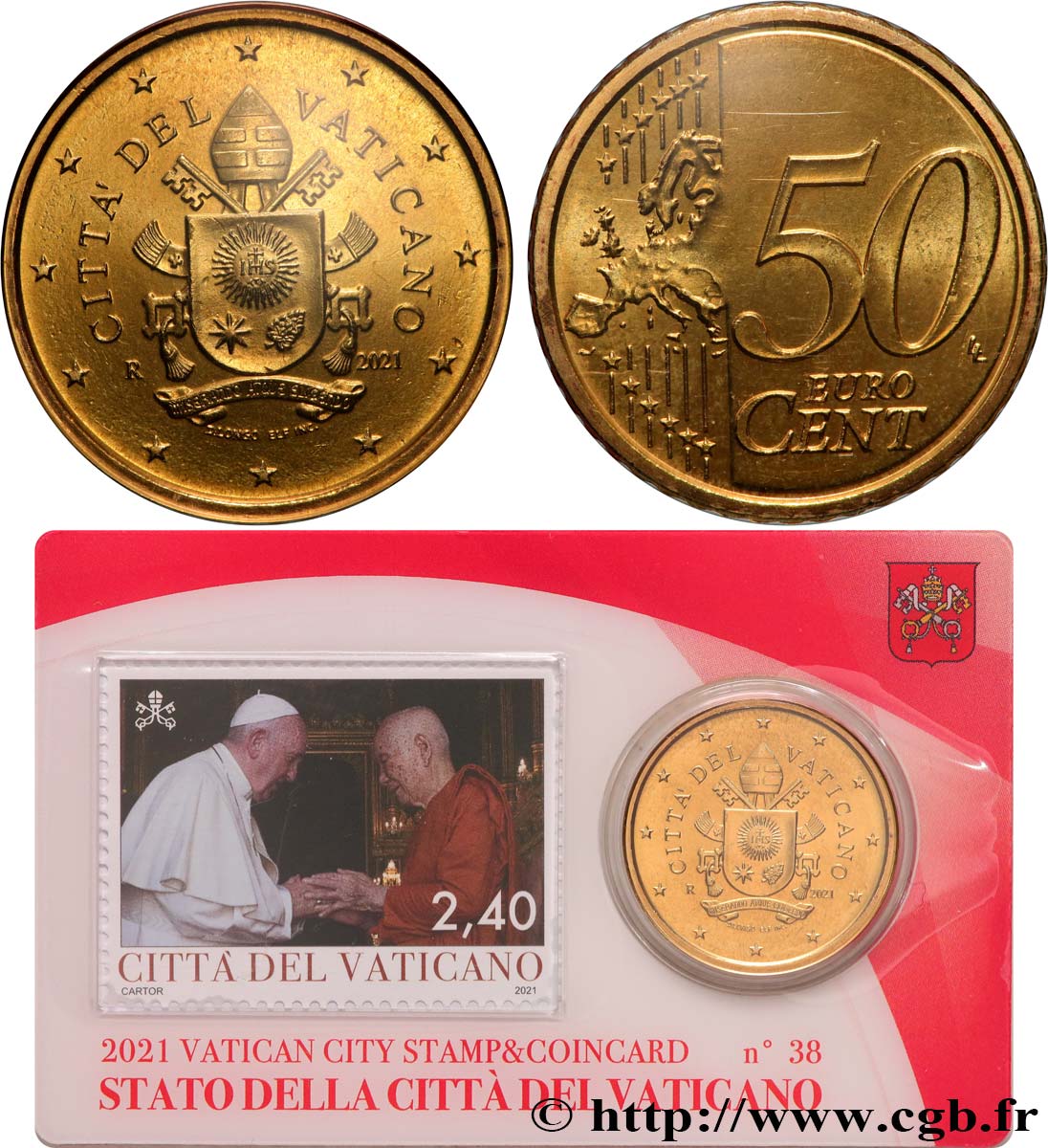 VATICAN Coin-Card (n°38) 50 Cent ARMOIRIES DU PAPE FRANÇOIS + timbre
 2021 BU