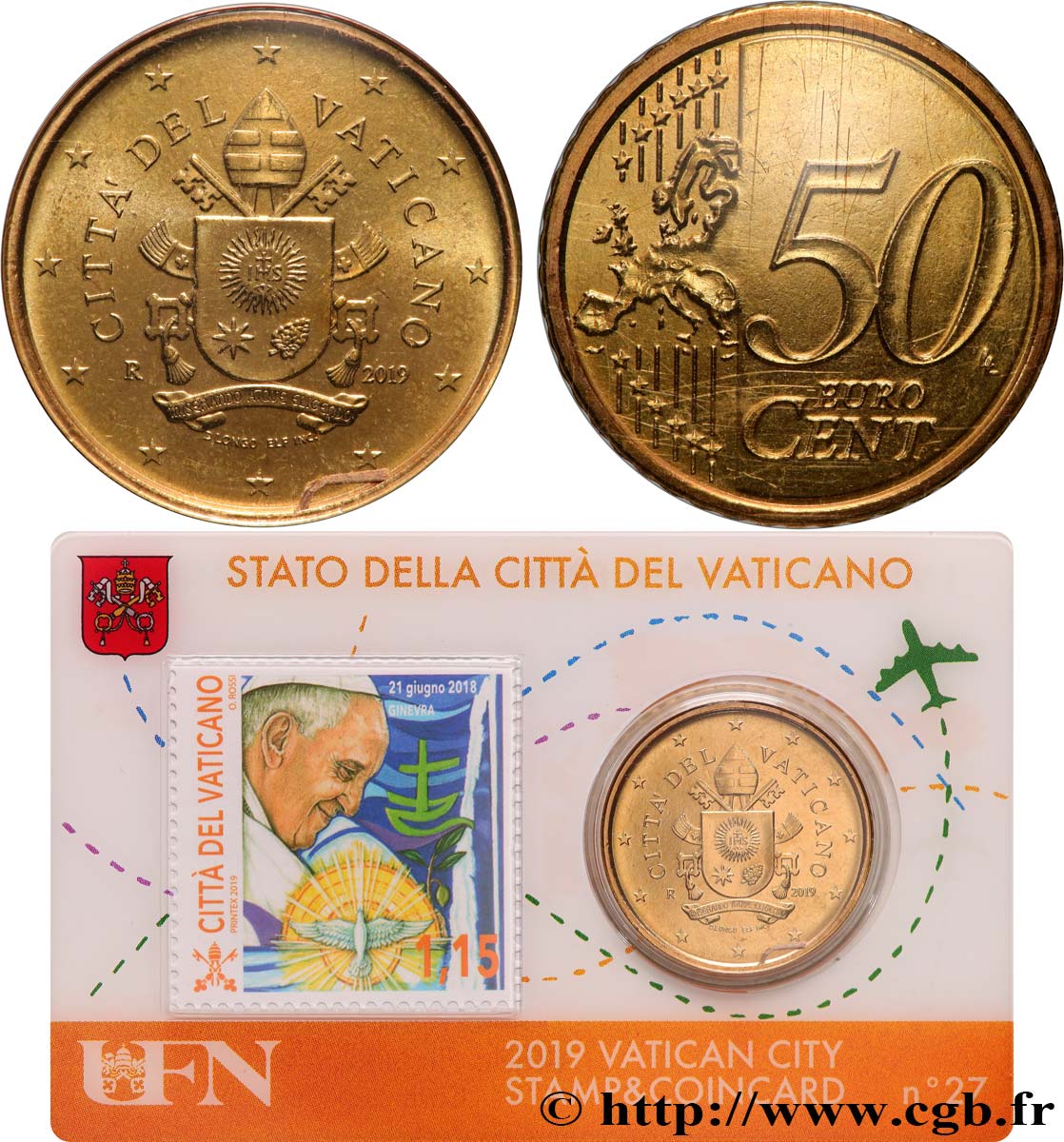 VATICAN Coin-Card (n°27) 50 Cent ARMOIRIES DU PAPE FRANÇOIS (+ timbre)
 2019 Brilliant Uncirculated