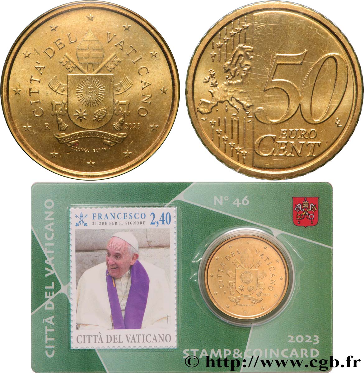 VATICAN Coin-Card (n°46) 50 Cent ARMOIRIES DU PAPE FRANÇOIS + timbre
 2023 Brilliant Uncirculated