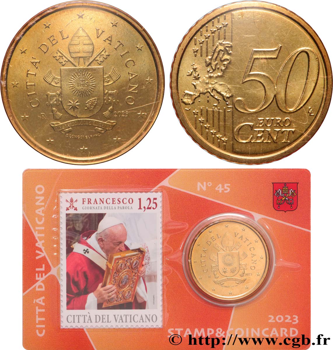 VATICANO Coin-Card (n°45) 50 Cent ARMOIRIES DU PAPE FRANÇOIS + timbre
 2023 BU