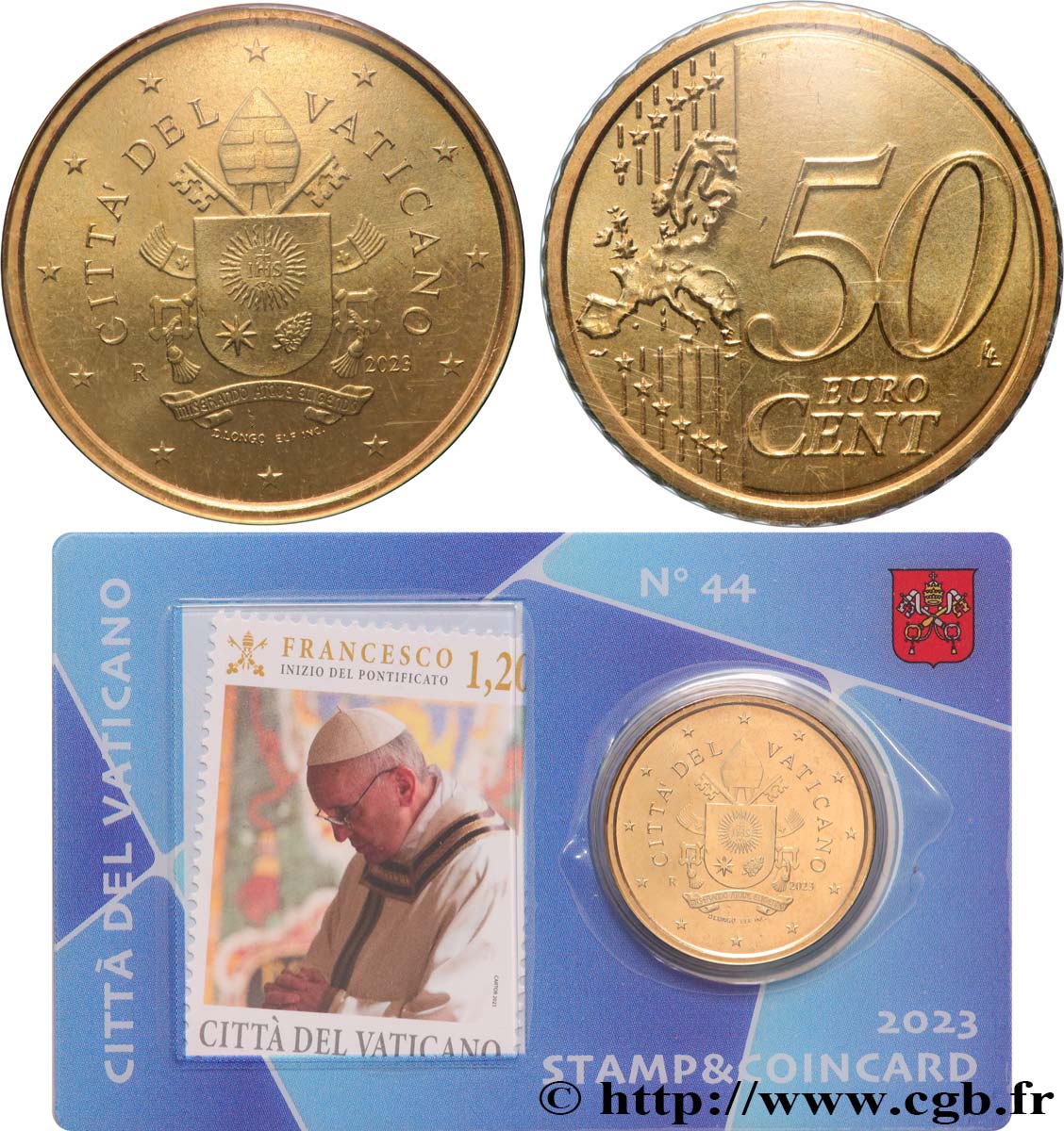 VATICAN Coin-Card (n°44) 50 Cent ARMOIRIES DU PAPE FRANÇOIS + timbre
 2023 Brilliant Uncirculated