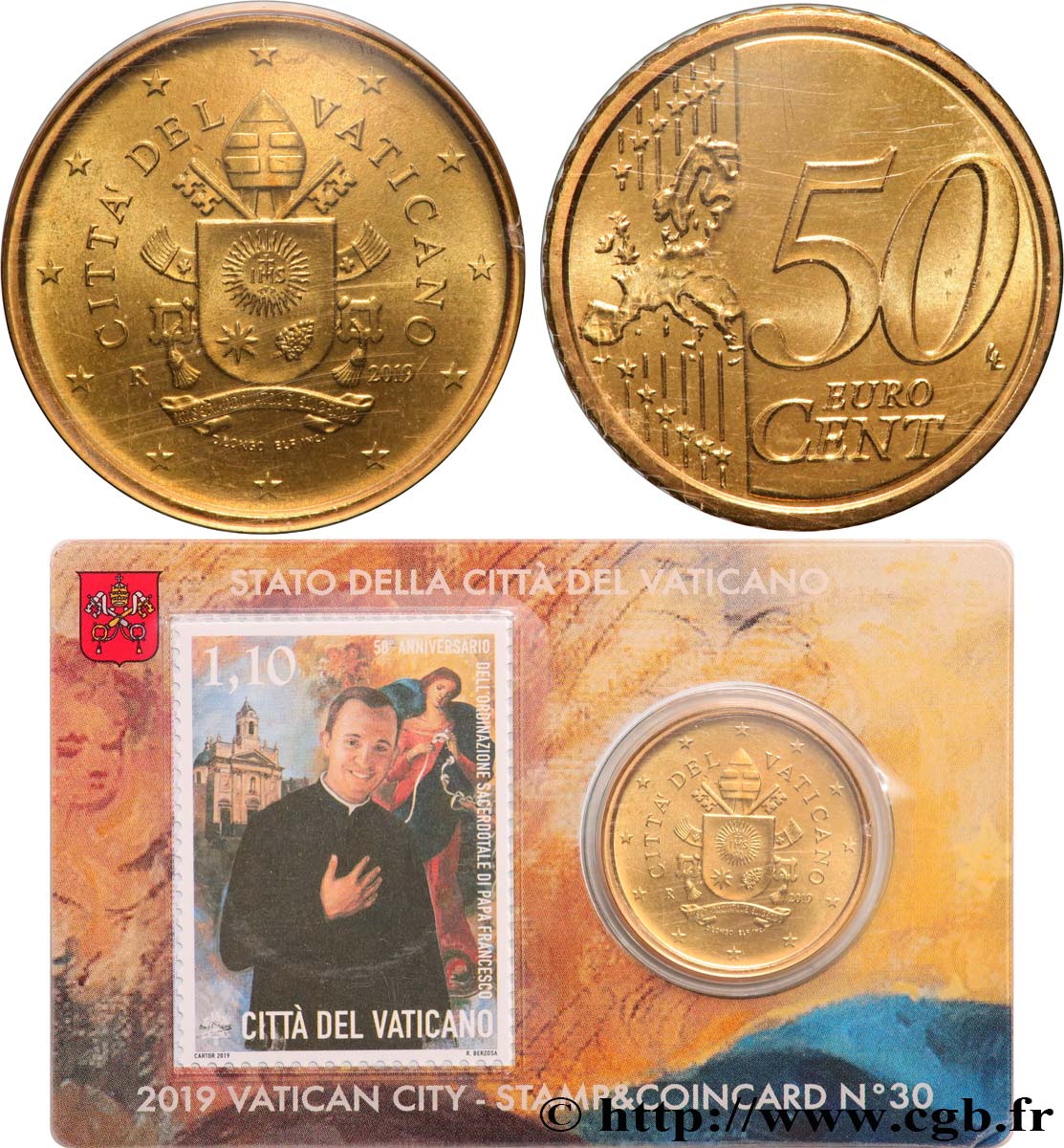 VATICAN Coin-Card (n°30) 50 Cent ARMOIRIES DU PAPE FRANÇOIS (+ timbre)
 2019 Brilliant Uncirculated