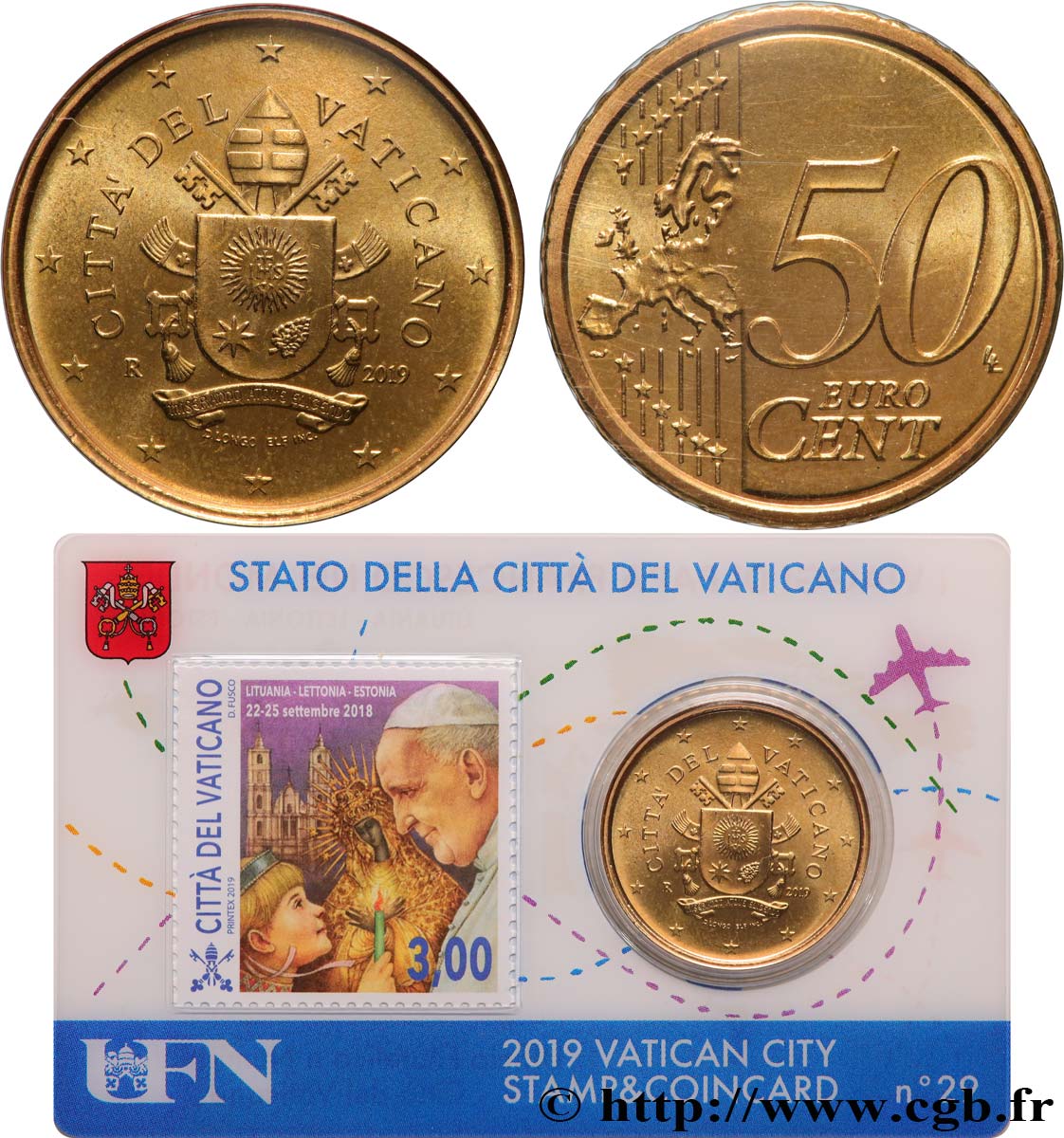 VATICAN Coin-Card (n°29) 50 Cent ARMOIRIES DU PAPE FRANÇOIS (+ timbre)
 2019 BU