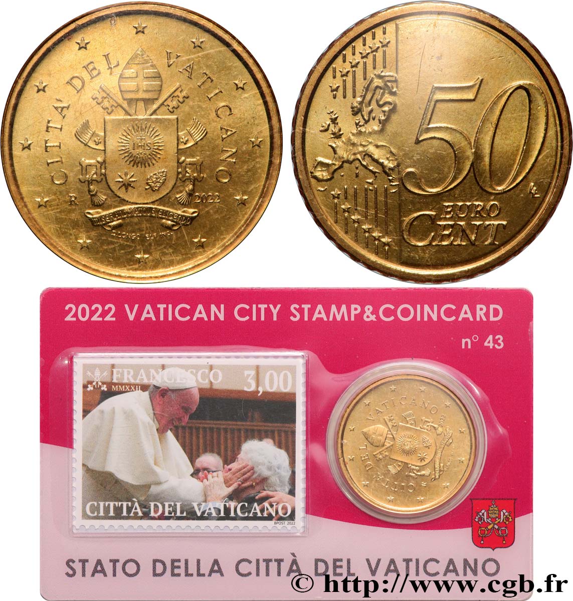 VATICAN Coin-Card (n°43) 50 Cent ARMOIRIES DU PAPE FRANÇOIS + timbre
 2022 Brilliant Uncirculated