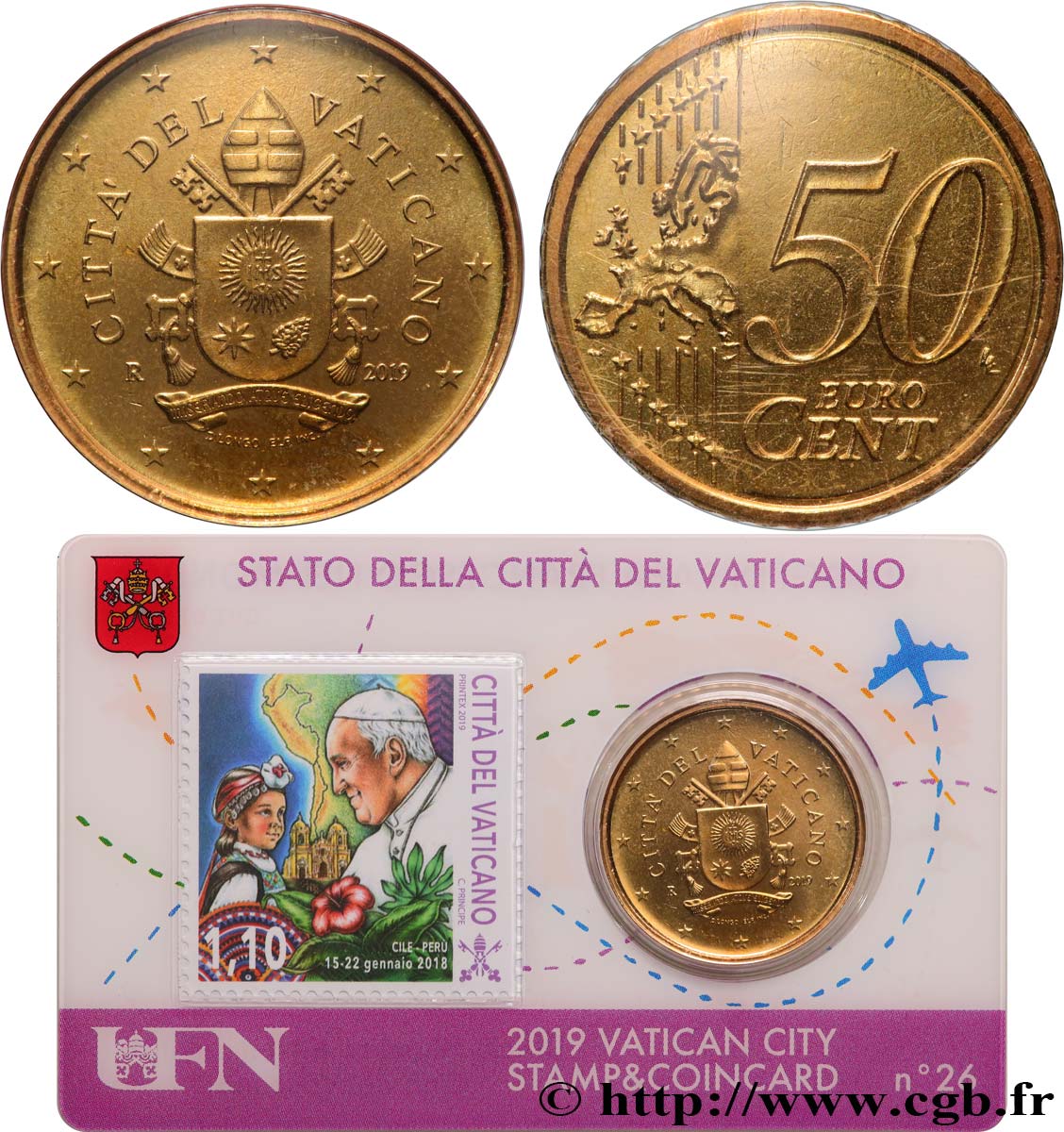 VATICAN Coin-Card (n°26) 50 Cent ARMOIRIES DU PAPE FRANÇOIS (+ timbre)
 2019 Brilliant Uncirculated