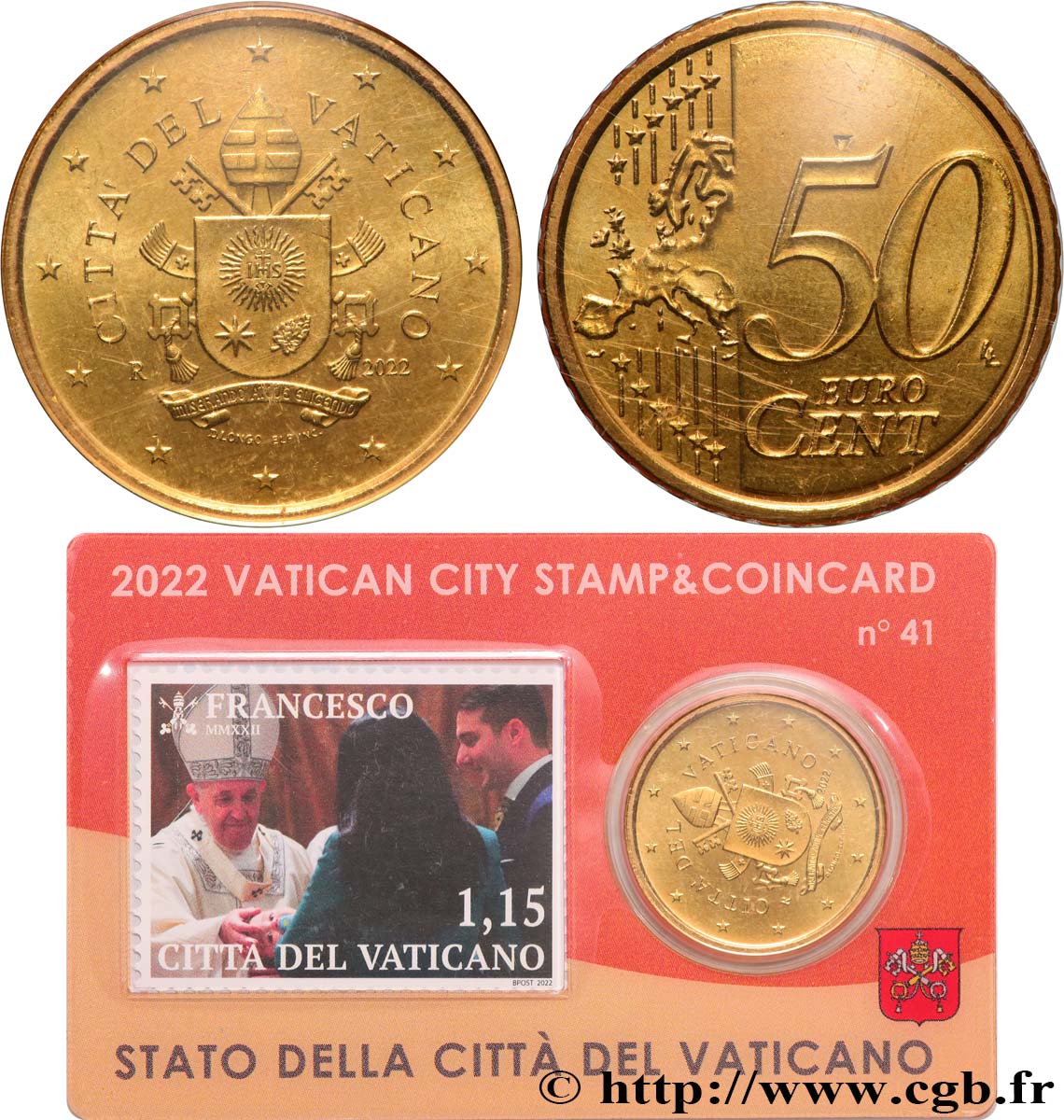 VATICAN Coin-Card (n°41) 50 Cent ARMOIRIES DU PAPE FRANÇOIS + timbre
 2022 BU