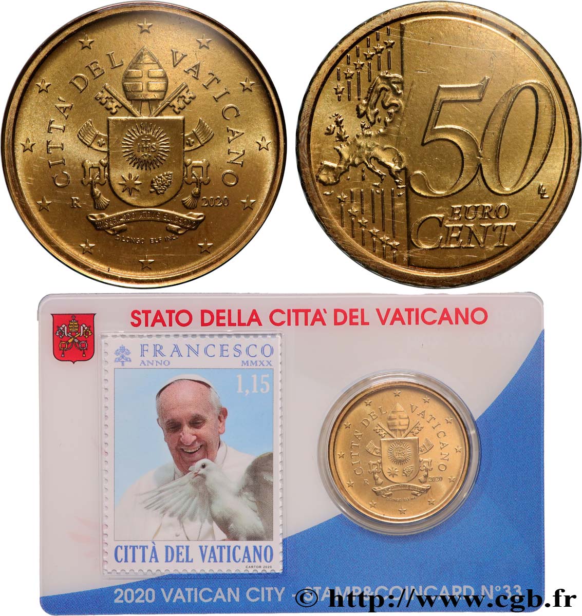 VATICAN Coin-Card (n°33) 50 Cent ARMOIRIES DU PAPE FRANÇOIS + timbre
 2020 Brilliant Uncirculated