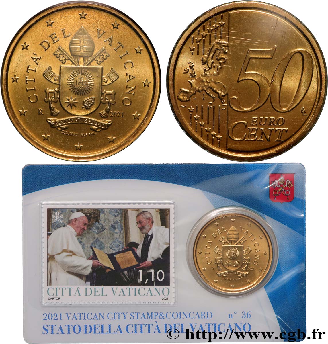 VATICAN Coin-Card (n°36) 50 Cent ARMOIRIES DU PAPE FRANÇOIS + timbre
 2021 Brilliant Uncirculated