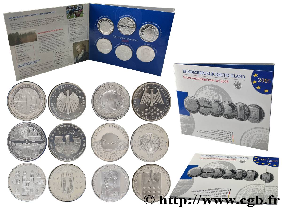 ALLEMAGNE COFFRET BELLE EPREUVE 6 pièces de 10 Euro (ateliers A, D, F, G, J et Coupe du Monde) 2005 BE
