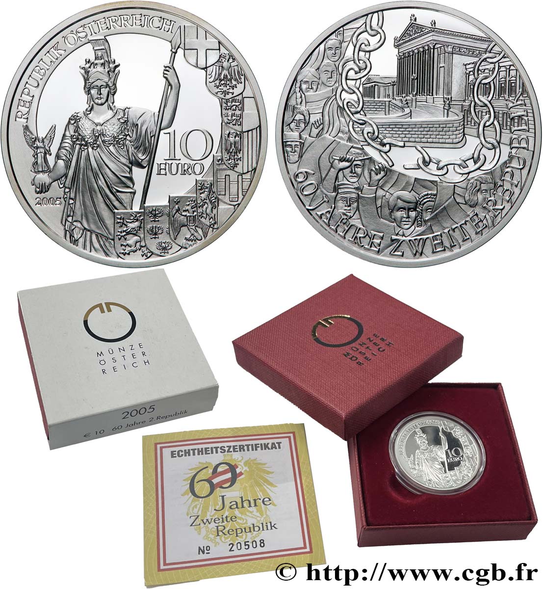 AUSTRIA BELLE EPREUVE 10 Euro 60ème ANNIVERSAIRE DE LA SECONDE RÉPUBLIQUE 2005 Proof set