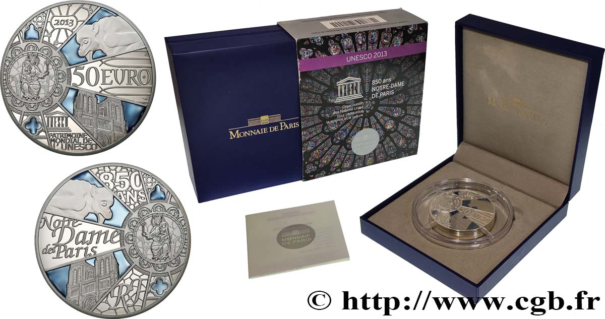 FRANCE Belle Épreuve Piéfort 50 Euro 850 ANS NOTRE-DAME DE PARIS 2013 Proof set