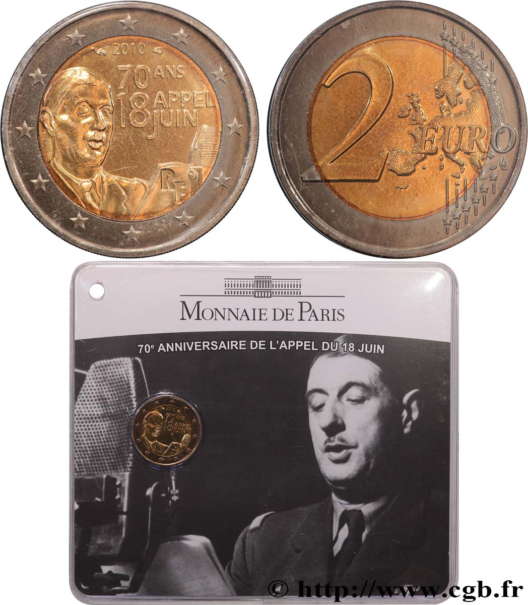 FRANCE Coin-Card 2 Euro 70e ANNIVERSAIRE DE L’APPEL DU 18 JUIN 1940 2010 BU