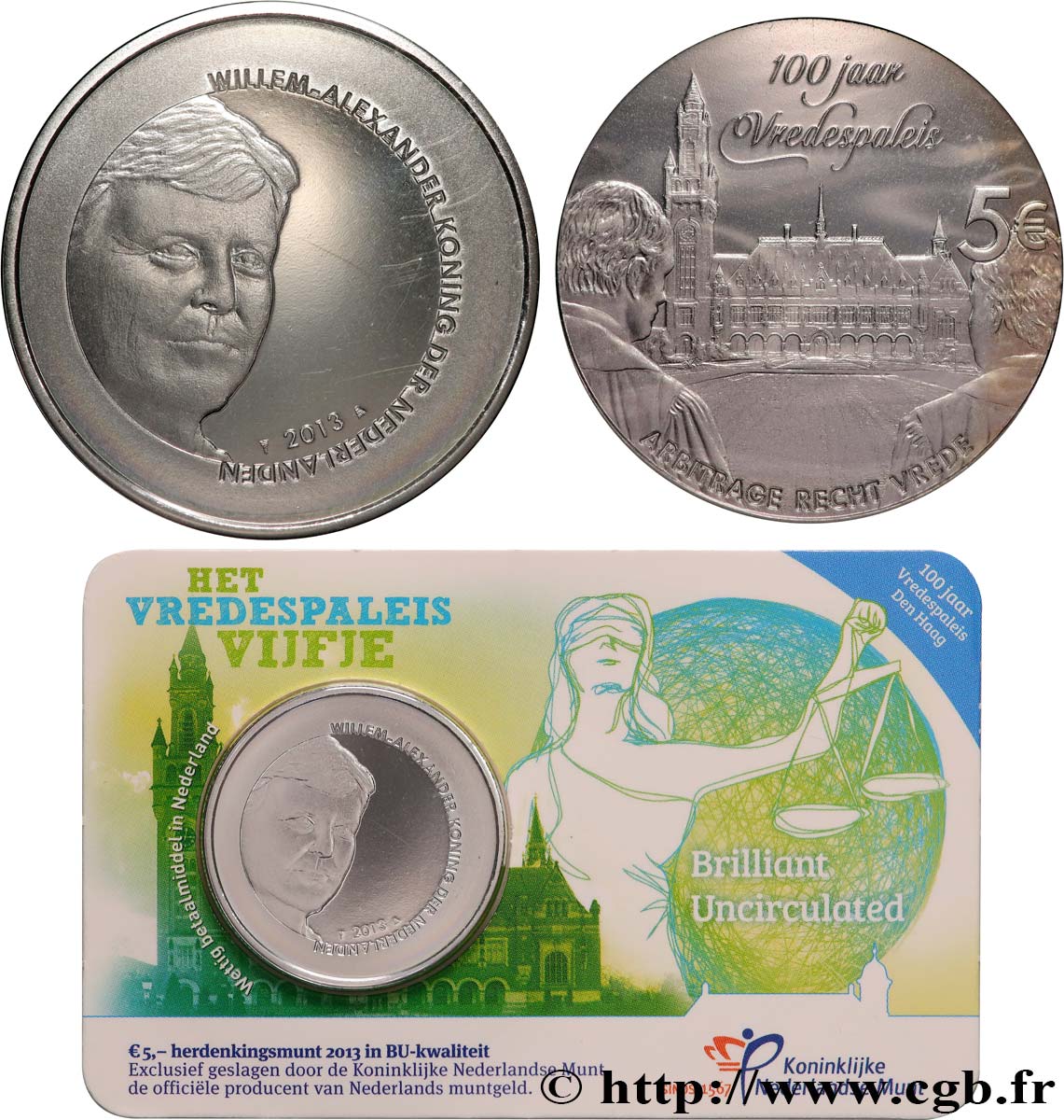PAYS-BAS Coin-Card 5 Euro 100 ANS PALAIS DE LA PAIX 2013 FDC