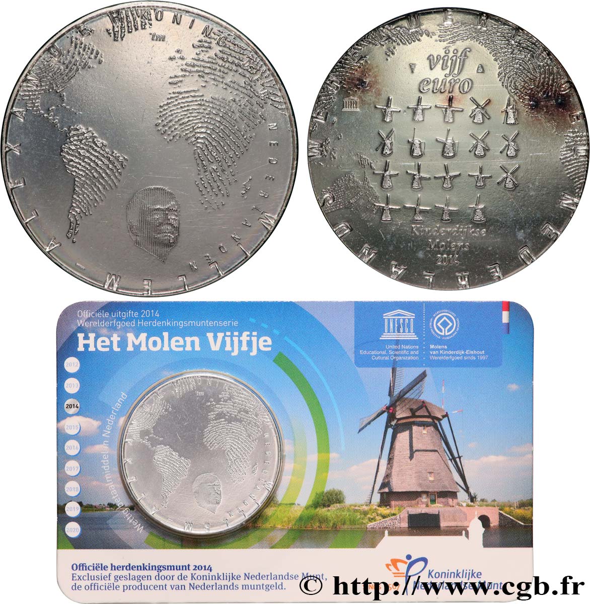 PAESI BASSI Coin-Card 5 Euro MOULINS A VENTE DE KINDERDIJK 2014 FDC