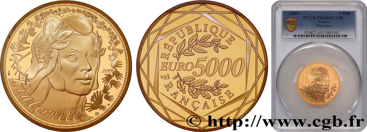 FRANCE 5000 Euro MARIANNE - FRATERNITÉ (or) 2019 MS69
