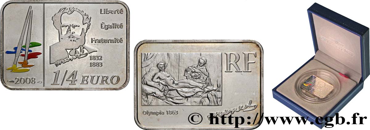 FRANCE 1/4 Euro ÉDOUARD MANET (rectangle 30 x 21 mm) 2008 Brilliant Uncirculated