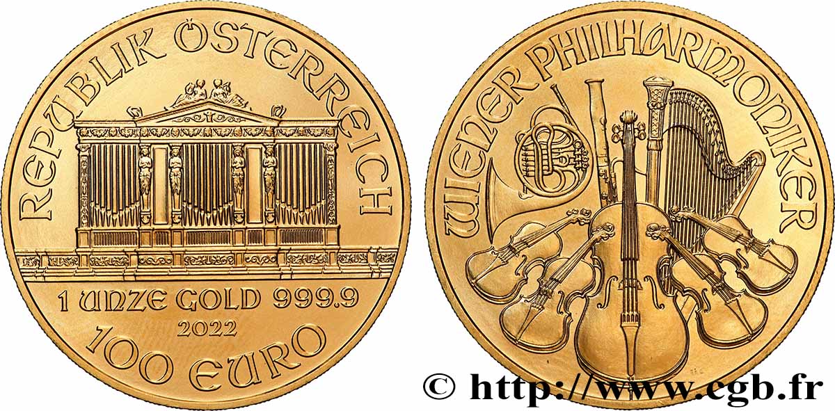 GOLD, PALLADIUM & PLATINUM INVESTMENT 1 Oz - 100 Euro LE PHILARMONIQUE DE VIENNE 2022 MS