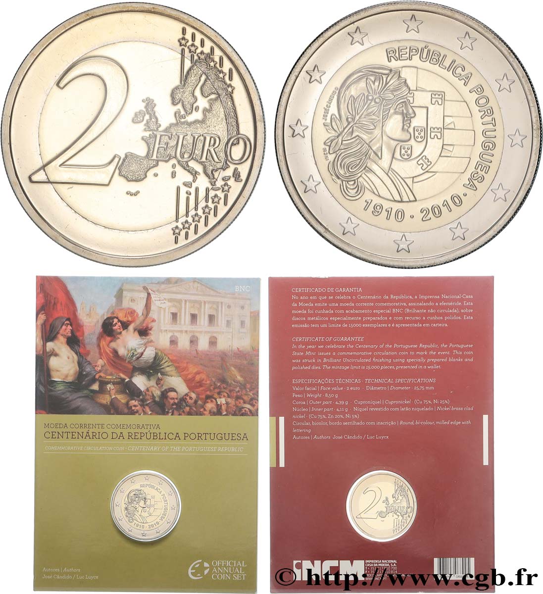 PORTUGAL Coin-Card 2 Euro CENTENAIRE DE LA RÉPUBLIQUE PORTUGAISE 2010 BU