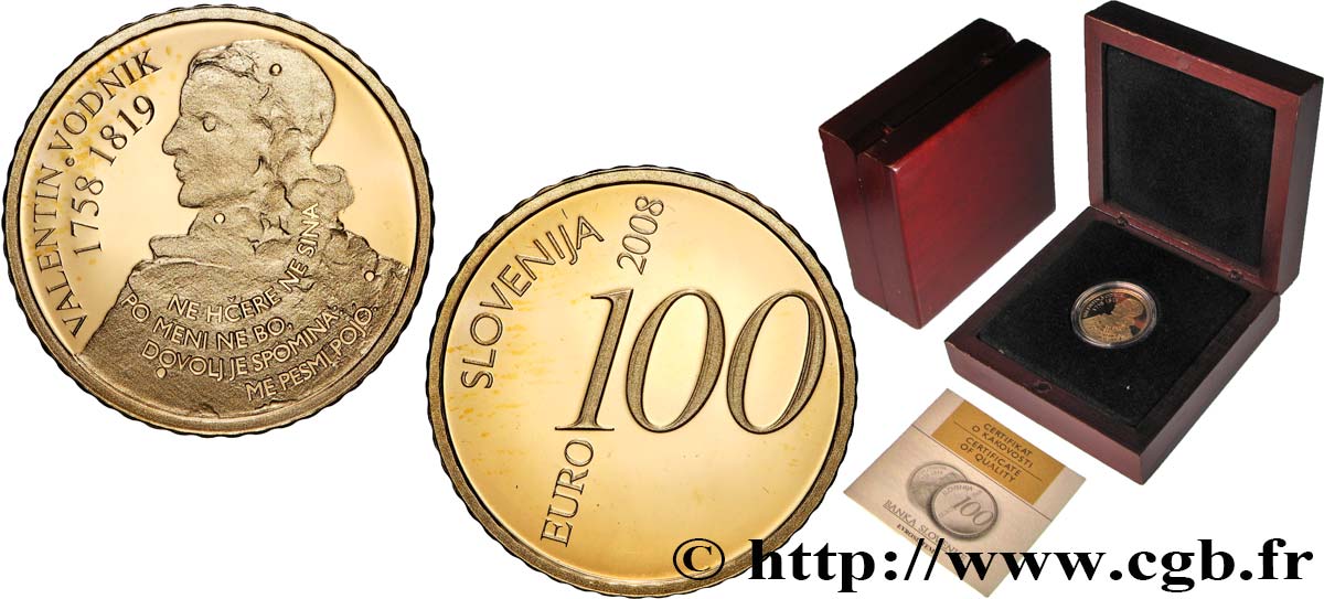 SLOVÉNIE 100 Euro VALENTIN VODNIK 2008 FDC