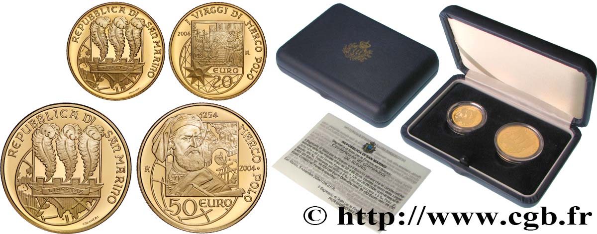 SAN MARINO Coffret DIPTYQUE 20 Euro ET 50 Euro (or) - MARCO POLO 2004 Proof set