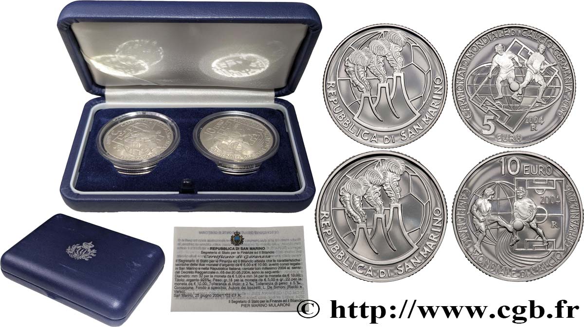 SAN MARINO Coffret DIPTYQUE 5 Euro ET 10 Euro COUPE DU MONDE DE FOOTBALL 2006 EN ALLEMAGNE 2004 Prueba